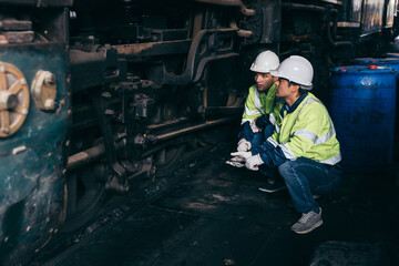 Two railway engineer in safety white hard hat inspect the mechanical components beneath an old train focusing on wheel, brake system maintenance, industrial safety and railroad engineering procedures.