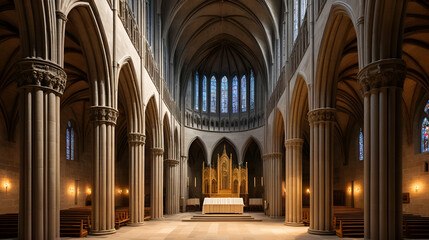 Fototapeta premium Gregorian Chant Music: Ethereal, serene shapes and muted, spiritual colors representing the ancient and harmonious melodies, with abstract cathedral arches and sacred symbols