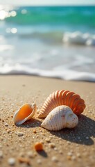 Close-up of seashells on a sandy beach, gentle waves lapping in the background, evoking a sense of tranquility and peaceful auditory relaxation , white noise, seashell sounds, meditation