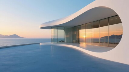 Fototapeta premium Modern Curved Building with Glass Facade Overlooking the Sea at Sunset
