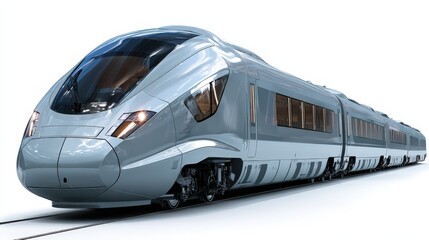 Naklejka premium Modern High Speed Train on Tracks Sleek Silver Design Passenger Transportation