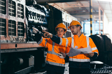 Two engineers wearing safety gear and helmets inspect machinery under train in railroad maintenance facility, showcasing teamwork, mechanical engineering and railway system inspection.