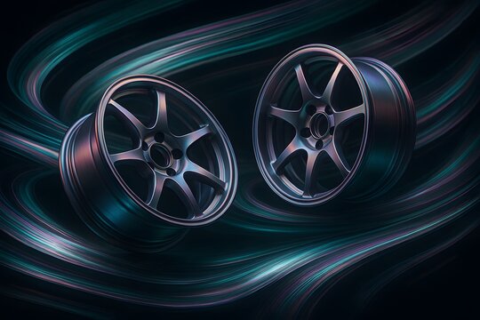 Titanium rims levitating in glowing metallic aurora with futuristic energy - Powered by Adobe