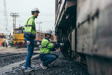 Two engineers wearing safety gear and helmets inspect machinery under train in railroad maintenance facility, showcasing teamwork, mechanical engineering and railway system inspection.