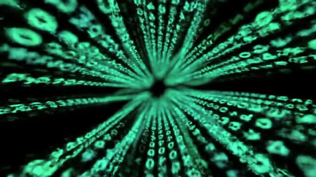 Futuristic animation of glowing digital data, text, numbers, and symbols scrolling across a black background. Perfect for technology videos, cybersecurity, coding, programming, database visualization,