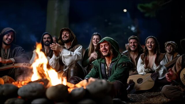 A group of people in medieval costumes sit around a campfire at night, playing lutes, clapping hands, and singing joyfully