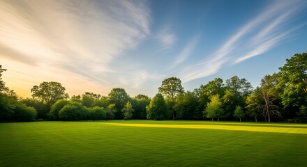 A lush green meadow with a line of trees in the background under a bright blue sky with wispy clouds during a warm, sunny day