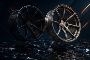 Futuristic forged alloy rims floating above liquid metal with dramatic cinematic lighting