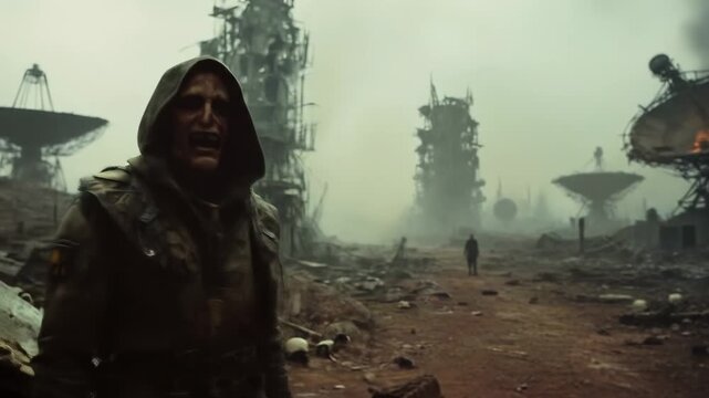 Abandonment and desolation. Ruins of an abandoned base. The gloomy atmosphere of the apocalypse.  Sci-fi video clip. Short animated film and VJ.