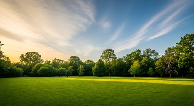 A lush green meadow with a line of trees in the background under a bright blue sky with wispy clouds during a warm, sunny day