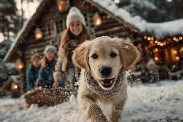 Golden Retriever Puppy Playing in Snow Outside Cozy Winter Cabin
