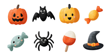 Colorful Halloween Elements with Pumpkin, Bat, Candy, Spider, and Witch Hat