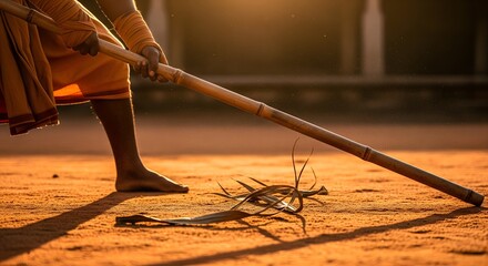 Dynamic Golden Hour Close-up of Silambam Martial Artist's Hands Gripping Bamboo Staff, Evoking Ancient Indian Warrior Discipline and Heritage.