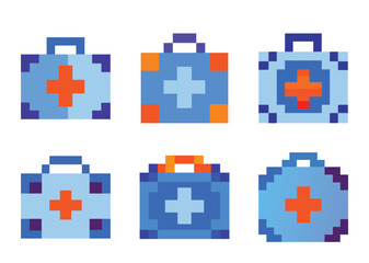 Fototapeta premium Collection of Pixel Art First Aid Kits in Varying Color Palettes and Shapes