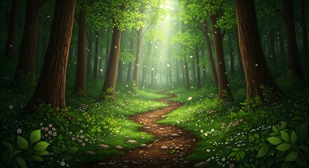 Obraz premium Enchanting forest path bathed in ethereal sunlight, with lush green foliage and a gentle scattering of magical dust motes creating a serene and inviting atmosphere