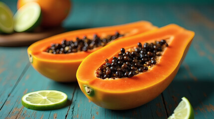Juicy papaya halves and lime slices on rustic teal surface