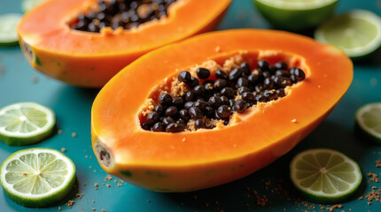 Juicy papaya halves and lime slices on rustic teal surface