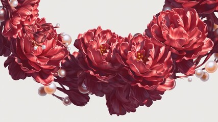 エレガントな赤い花とパールの二重リースが逆回転するお祝いの背景 generative ai