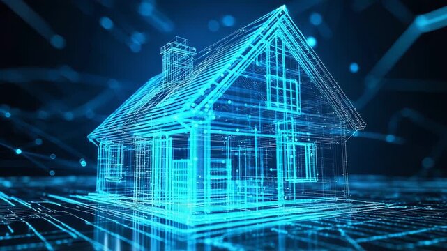 Futuristic wireframe house representing smart home technology and innovation
