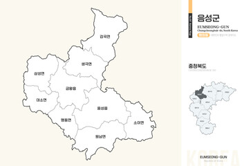 Fototapeta premium 충청북도 음성군 행정동 윤곽선 지도