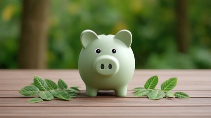 A green piggy bank surrounded by leaves on a wooden surface symbolizes saving and financial growth.