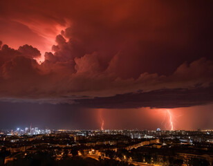 Red storm clouds far from a distance above the night city., storm clouds over city
