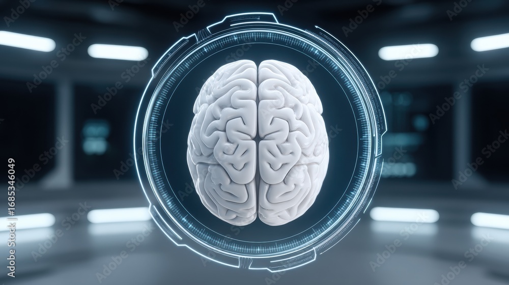 Aufkleber a futuristic brain model displayed in a high-tech environment, emphasizing neuroscience and technolo