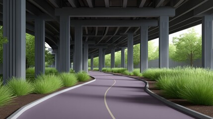 A winding path under a concrete overpass, surrounded by greenery and modern architectural columns.