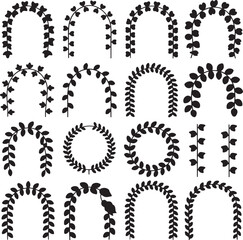 Collection of decorative floral arch and wreath silhouettes with leaves vector illustration