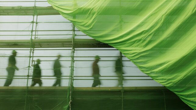 Silhouettes of workers walking on scaffolding behind green mesh covering, creating dynamic and vibrant scene of construction activity