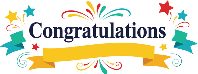 Colorful congratulations graphic with stars and banner. Achievement, celebration, congratulatory, wishes, greeting, card, party