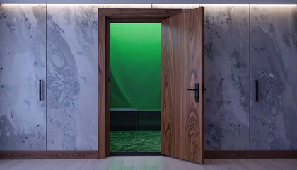 Interior door revealing a mysterious green space