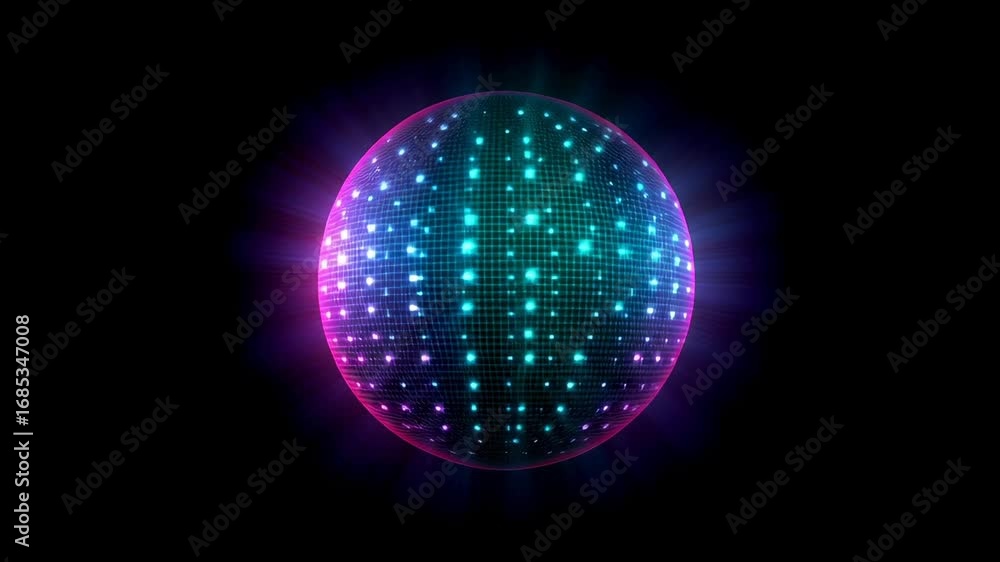 Aufkleber spherical digital visualization featuring purple and blue gradient illumination with grid pattern. t