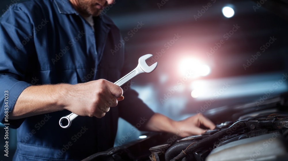 Poster mechanic holds wrench while working on car engine, showcasing expertise and focus in automotive repa