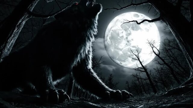 Werewolf Howls at the Moon During a Scary Halloween Night in a Dark Forest With Bare Trees and Cloudy Skies