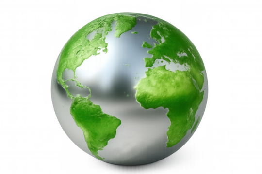 Rotating metallic globe displaying verdant continents, symbolizing global environmental consciousness against transparent backdrop