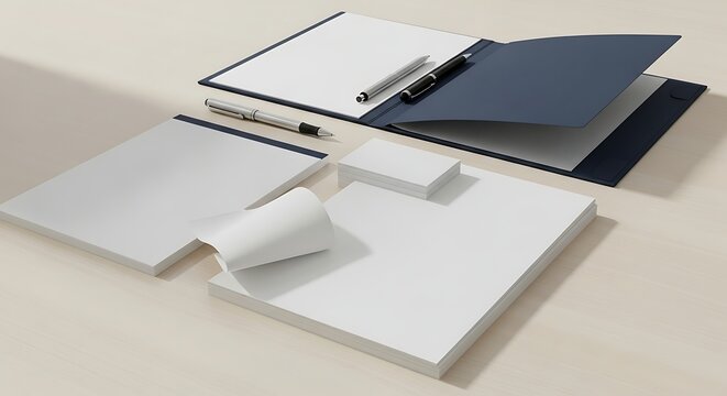 Blank stationery items arranged neatly on a light wooden desk, creating a clean and professional workspace aesthetic for business correspondence and branding.