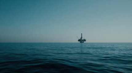 Fototapeta premium Offshore wind platform stands prominently in distance, surrounded by calm ocean waters under clear blue sky. serene atmosphere evokes sense of tranquility and innovation