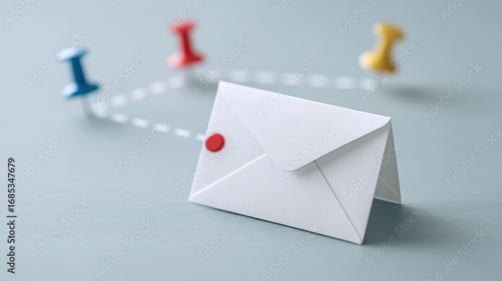 Poster a simple envelope with a wax seal and colorful push pins on a blue background symbolize communicatio