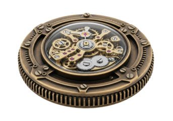 A detailed steampunk medallion of burnished bronze with intricate clockwork visible under domed glass, on a transparent background, macro shot, concept of mechanical precision and mystery