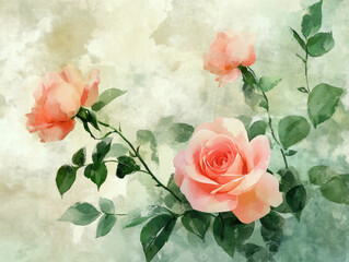 Vintage floral background with watercolor roses, elegant pastel flower seamless design for wedding invitations, greeting cards, and romantic decorative projects