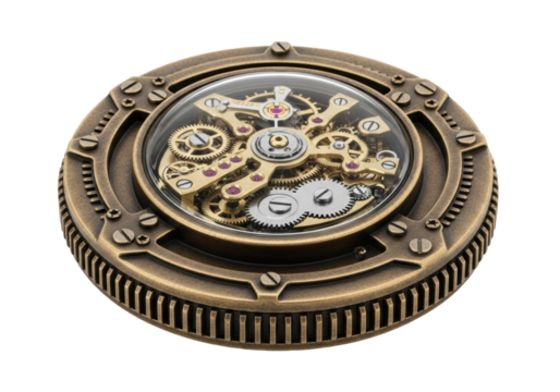 A detailed steampunk medallion of burnished bronze with intricate clockwork visible under domed glass, on a transparent background, macro shot, concept of mechanical precision and mystery