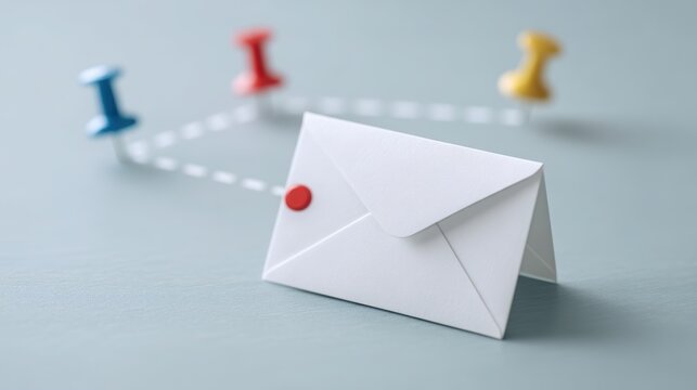 A simple envelope with a wax seal and colorful push pins on a blue background symbolize communication and connection.