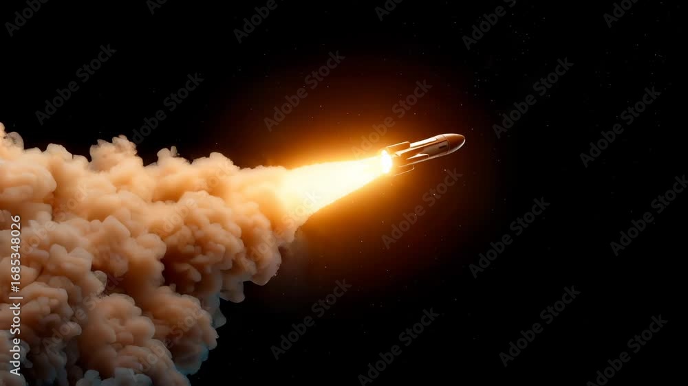 Poster powerful rocket ascending through thick clouds of smoke against dark background. bright flame illumi