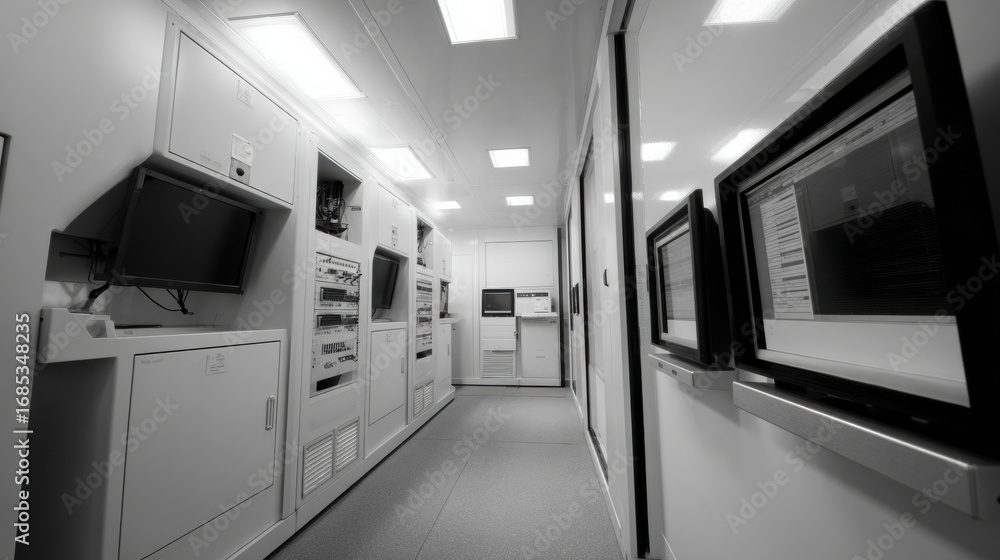 Poster clean and organized utility corridor featuring renewable monitoring equipment, showcasing modern des