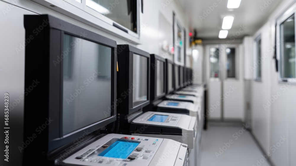 Poster High tech utility corridor featuring multiple monitoring devices, showcasing modern and organized workspace. environment emphasizes efficiency and advanced technology