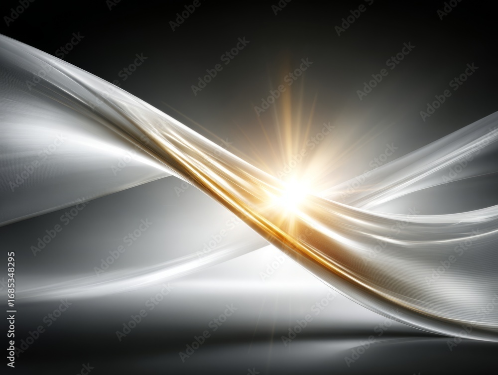 Poster futuristic light rays, golden and white, illuminating abstract metallic waves for tech backgrounds w