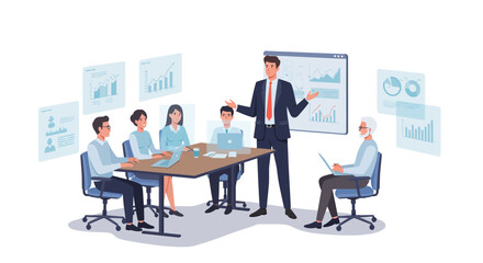 A business meeting illustration showing a leader presenting data to a diverse team around a table with charts and graphs displayed.