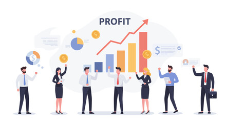 Business team celebrating profit growth, indicated by a rising graph, coins, and pie charts, showcasing financial success and teamwork.