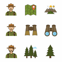 Collection of outdoor adventure and park ranger icons, featuring maps, mountains, binoculars, and pine trees on a white background.